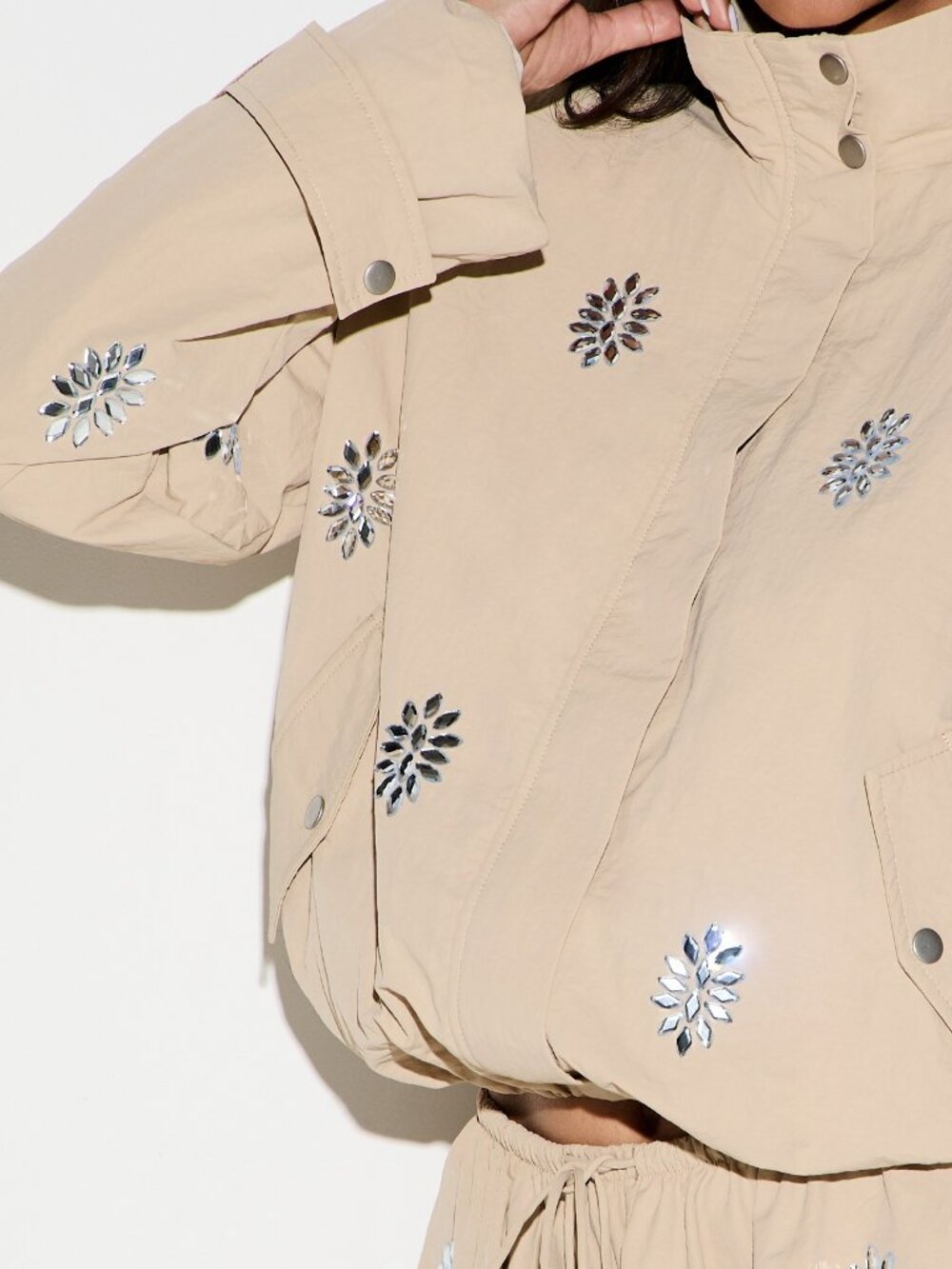 Khaki Oversized Utility Jacket With Rhinestone - Picture 5 of 5